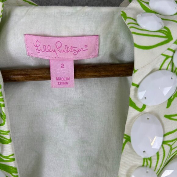 Lilly Pulitzer Tunic Womens 2 White Green Silk Blend Floral Beaded Tropical Boho - Picture 7 of 12